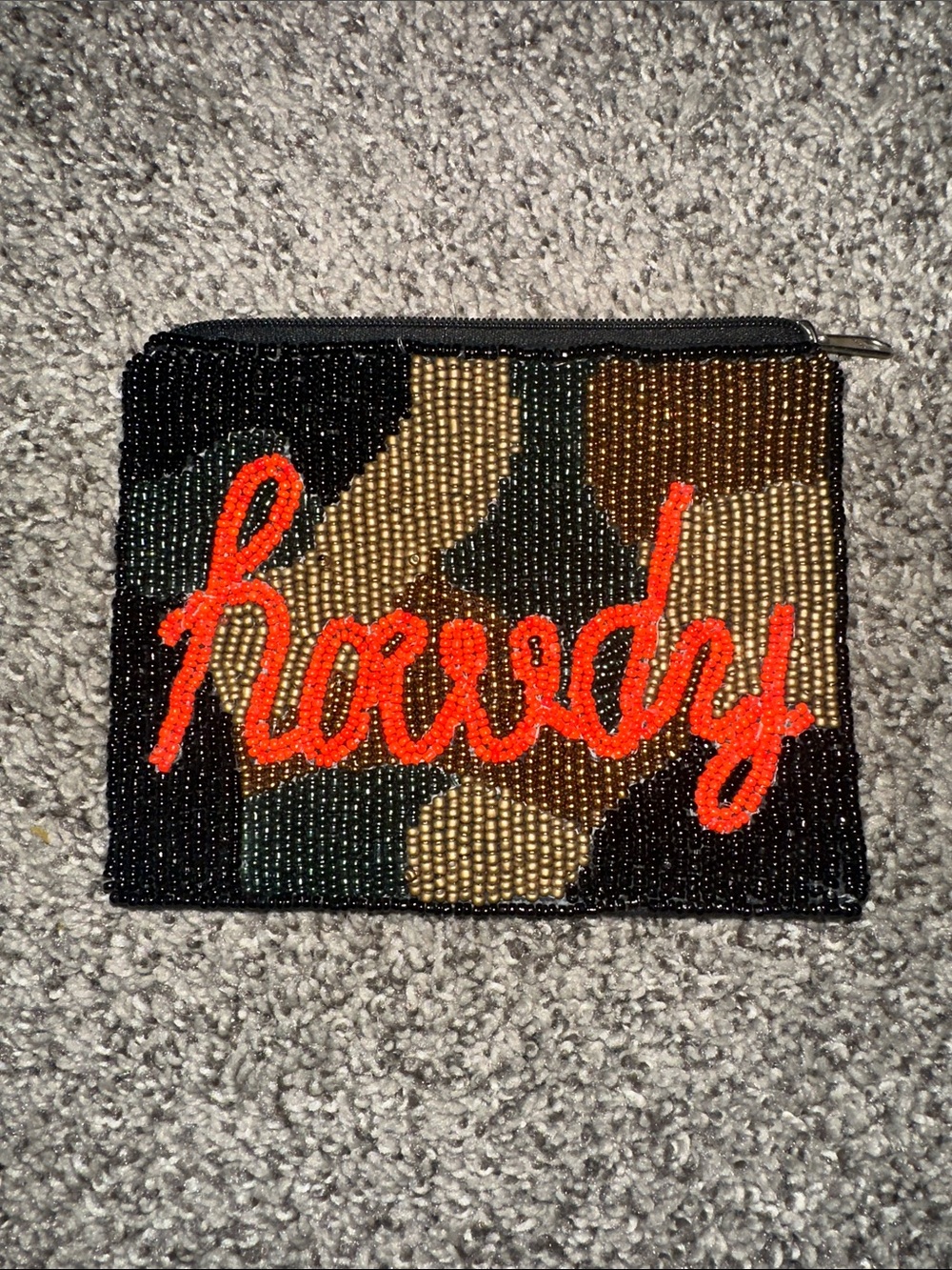 Beaded 'Howdy' Camo Zip Wallet - Orange Script